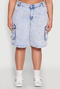 Womens Plus WAX Mineral Wash Cargo Jorts, Blue,