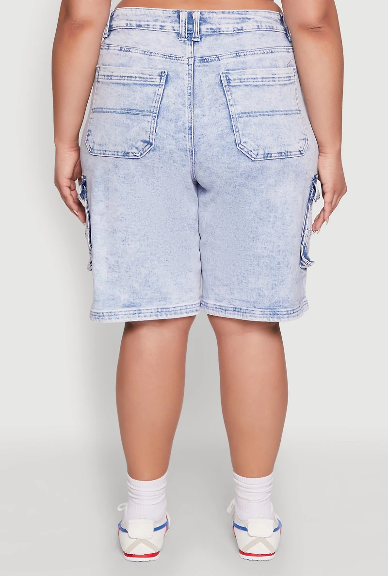 Womens Plus WAX Mineral Wash Cargo Jorts, Blue,