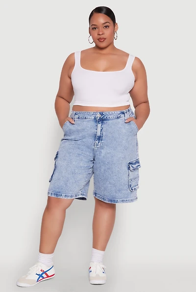 Womens Plus Size WAX Mineral Wash Cargo Jorts, Blue, Size 3X