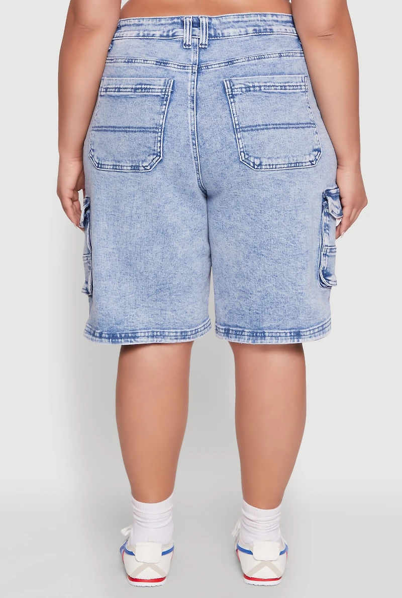 Womens Plus Size WAX Mineral Wash Cargo Jorts, Blue, Size 1X