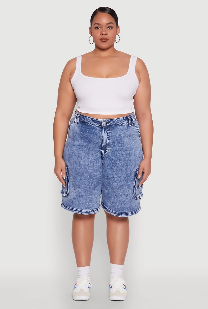Womens Plus Size WAX Mineral Wash Cargo Jorts, Blue, Size 1X