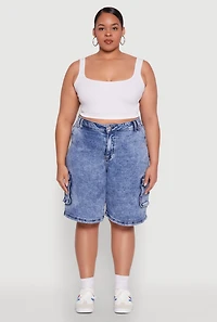 Womens Plus Size WAX Mineral Wash Cargo Jorts, Blue, Size 1X