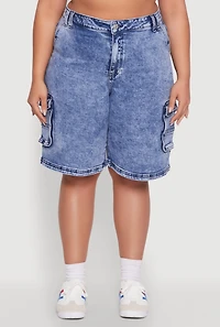 Womens Plus Size WAX Mineral Wash Cargo Jorts, Blue, Size 1X