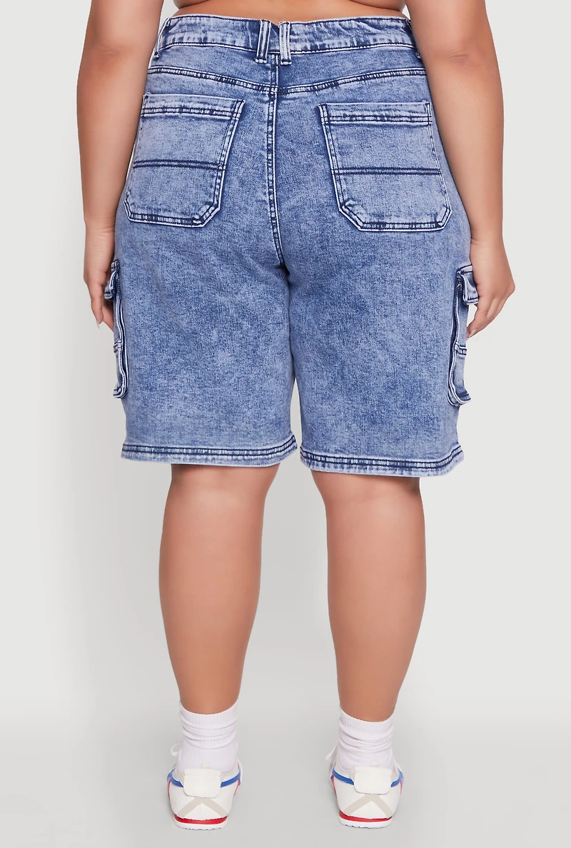 Womens Plus Size WAX Mineral Wash Cargo Jorts, Blue, Size 1X