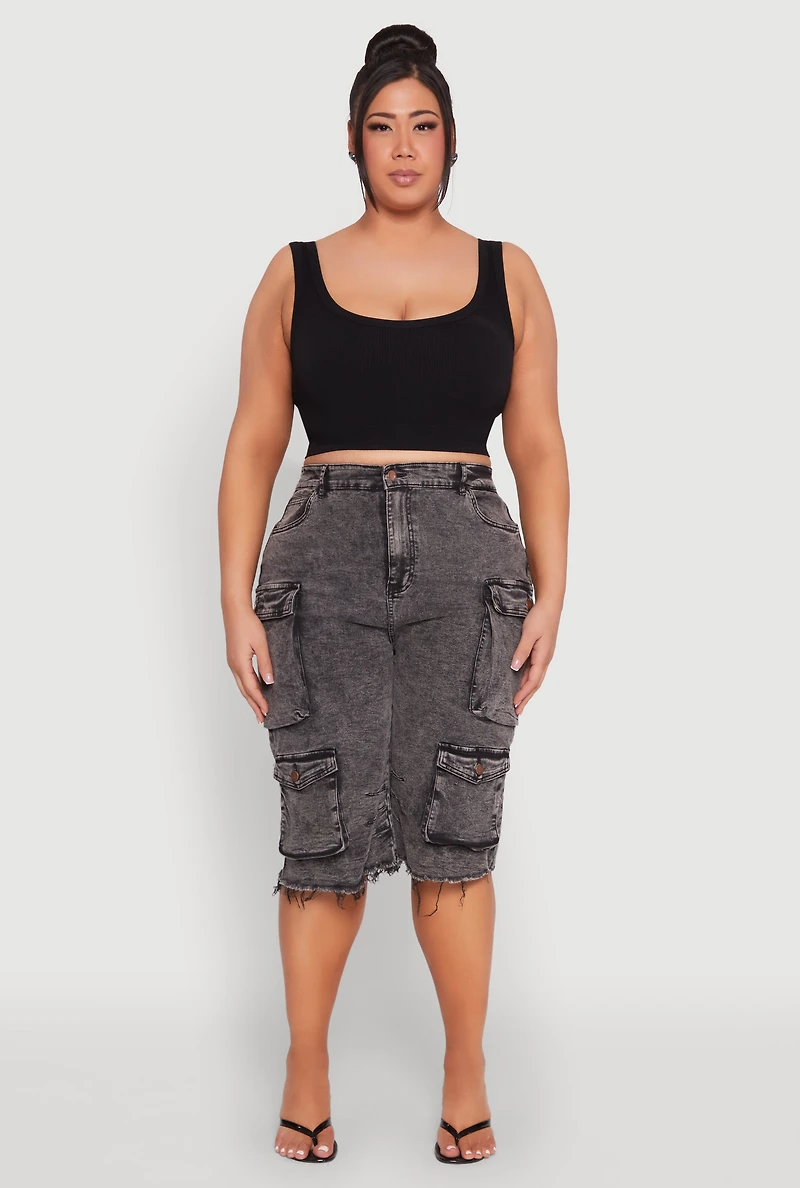 Womens Plus Size Frayed Hem Cargo Bermuda Shorts, Grey, Size 1X