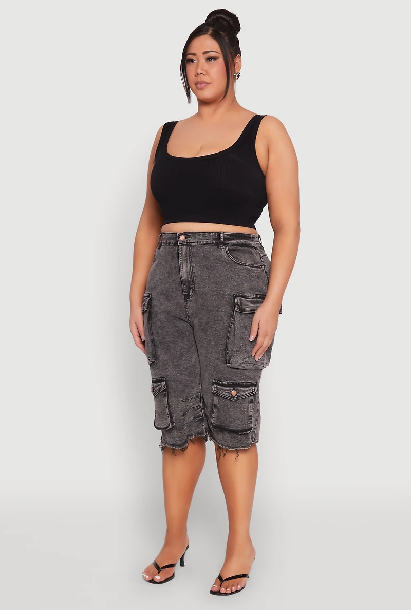Womens Plus Size Frayed Hem Cargo Bermuda Shorts, Grey, Size 1X