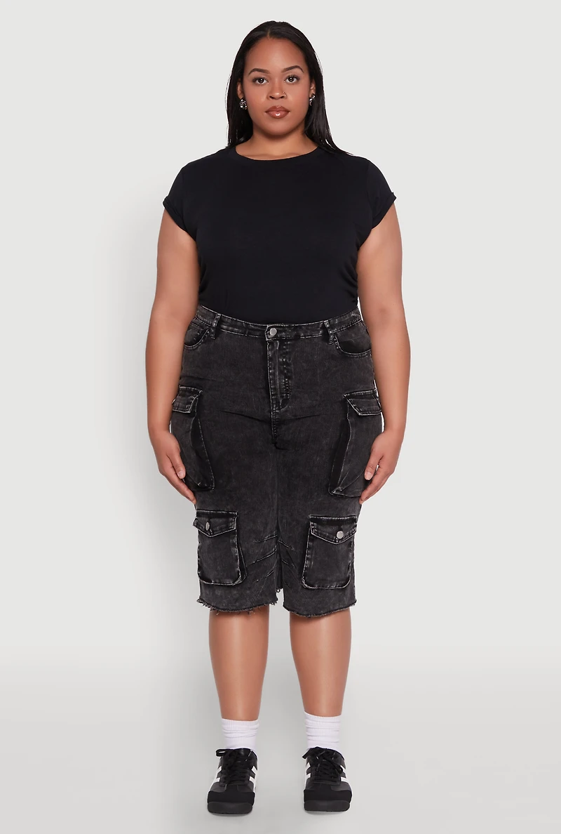 Womens Plus Daisy Acid Wash Cargo Bermuda Shorts,