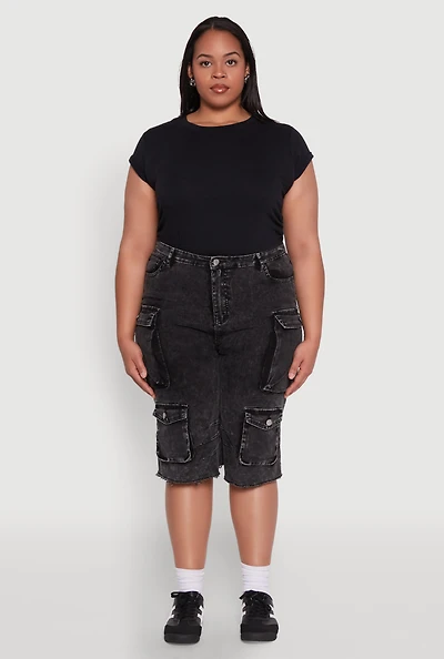 Womens Plus Daisy Acid Wash Cargo Bermuda Shorts,