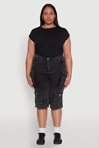 Womens Plus Daisy Acid Wash Cargo Bermuda Shorts,