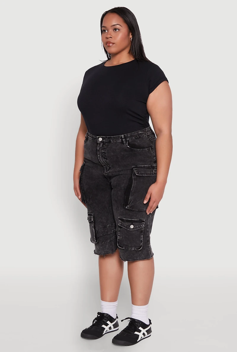 Womens Plus Daisy Acid Wash Cargo Bermuda Shorts,