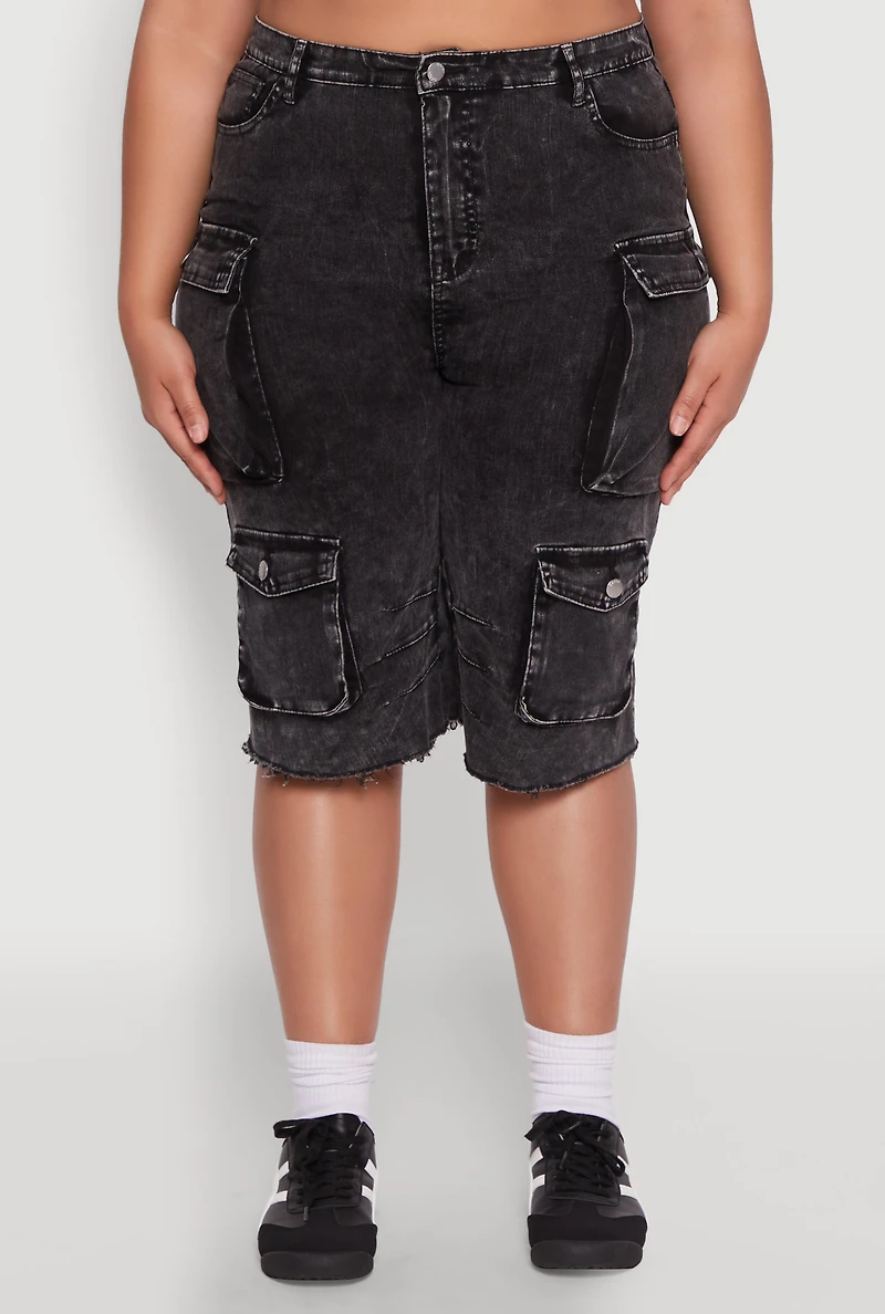 Womens Plus Daisy Acid Wash Cargo Bermuda Shorts,