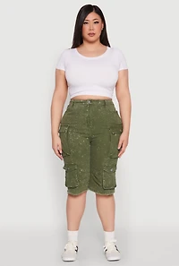 Womens Plus Daisy Acid Wash Cargo Bermuda Shorts,