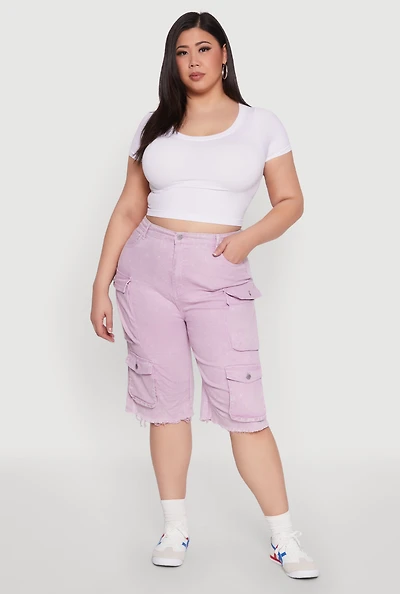 Plus Daisy Acid Wash Cargo Bermuda Shorts