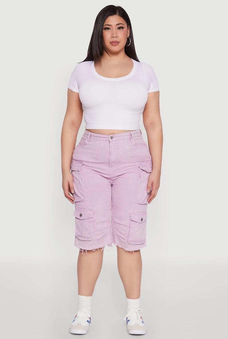 Plus Daisy Acid Wash Cargo Bermuda Shorts