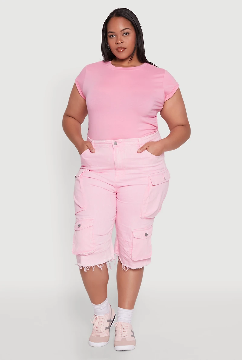 Plus Daisy Acid Wash Cargo Bermuda Shorts