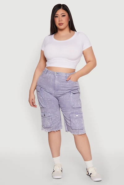 Womens Plus Daisy Acid Wash Cargo Bermuda Shorts,
