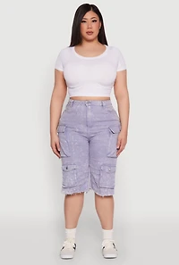 Womens Plus Daisy Acid Wash Cargo Bermuda Shorts,