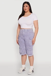 Womens Plus Daisy Acid Wash Cargo Bermuda Shorts,