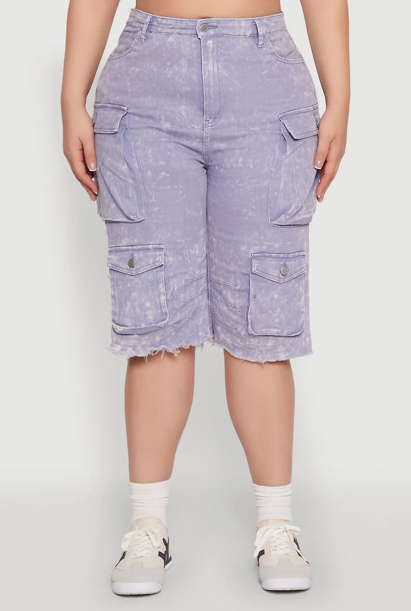 Womens Plus Daisy Acid Wash Cargo Bermuda Shorts,