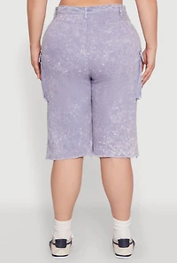 Womens Plus Daisy Acid Wash Cargo Bermuda Shorts,