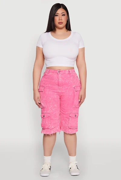 Womens Plus Daisy Acid Wash Cargo Bermuda Shorts,