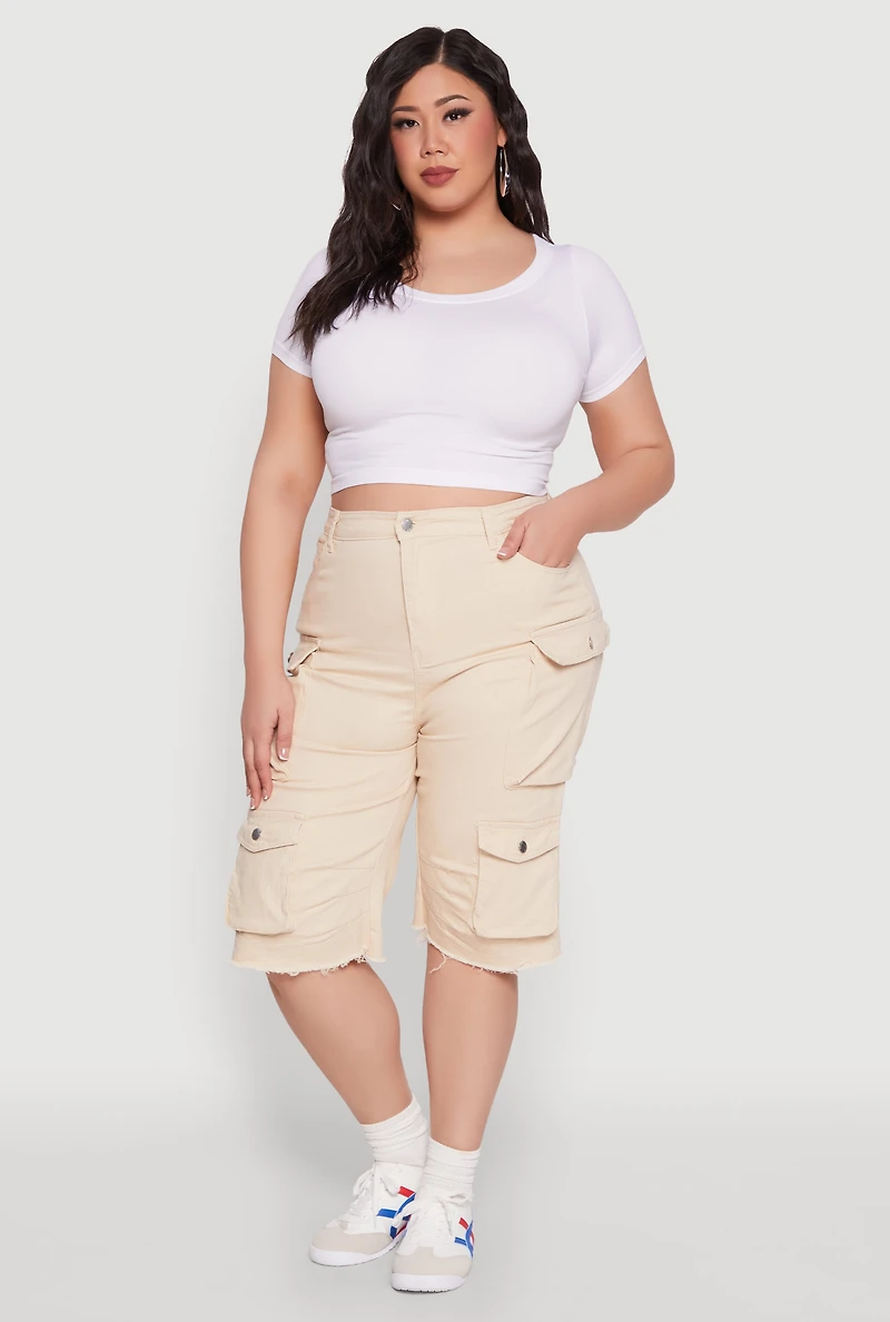 Womens Plus Size Daisy Acid Wash Cargo Bermuda Shorts, Khaki, Size 3X