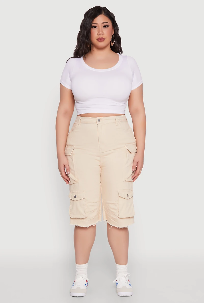 Womens Plus Size Daisy Acid Wash Cargo Bermuda Shorts, Khaki, Size 3X