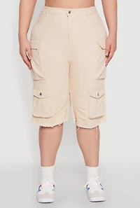 Womens Plus Size Daisy Acid Wash Cargo Bermuda Shorts, Khaki, Size 3X