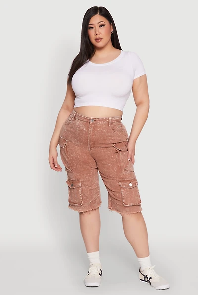 Womens Plus Daisy Acid Wash Cargo Bermuda Shorts,