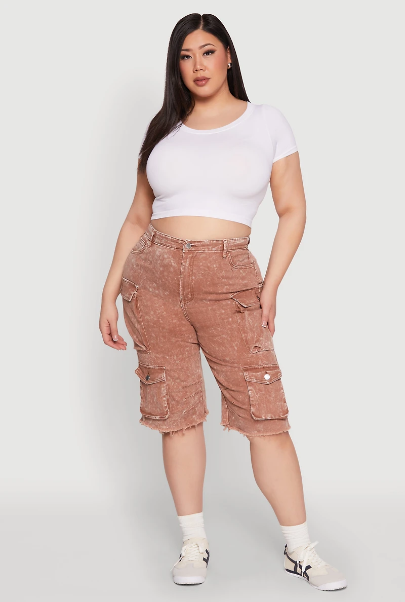 Womens Plus Size Daisy Acid Wash Cargo Bermuda Shorts, Brown, Size 1X