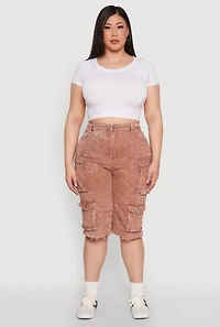 Womens Plus Size Daisy Acid Wash Cargo Bermuda Shorts, Brown, Size 1X
