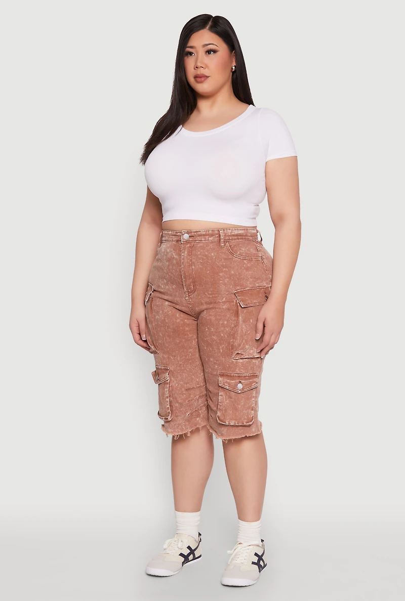 Womens Plus Size Daisy Acid Wash Cargo Bermuda Shorts, Brown, Size 1X
