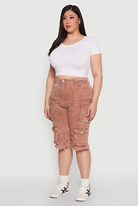 Womens Plus Size Daisy Acid Wash Cargo Bermuda Shorts, Brown, Size 1X