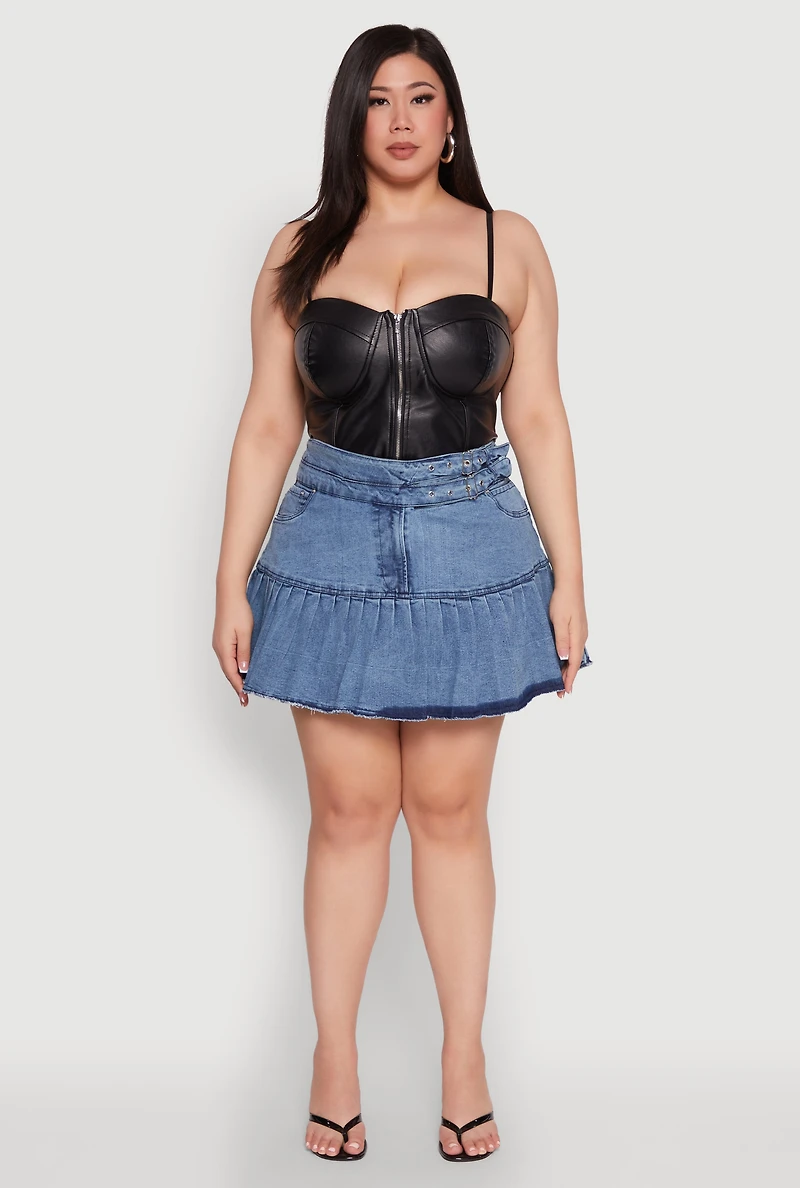 Womens Plus Size Spoon Jeans Denim Pleated Mini Skirt, Blue, Size 1X