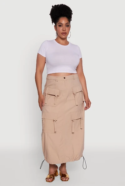 Womens Plus Size High Waisted Solid Maxi Skirt with Cargo Pockets, Khaki, Size 1X