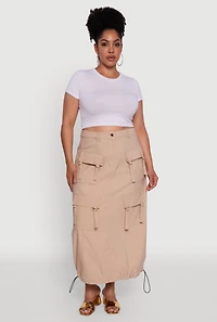 Womens Plus Size High Waisted Solid Maxi Skirt with Cargo Pockets, Khaki, Size 1X