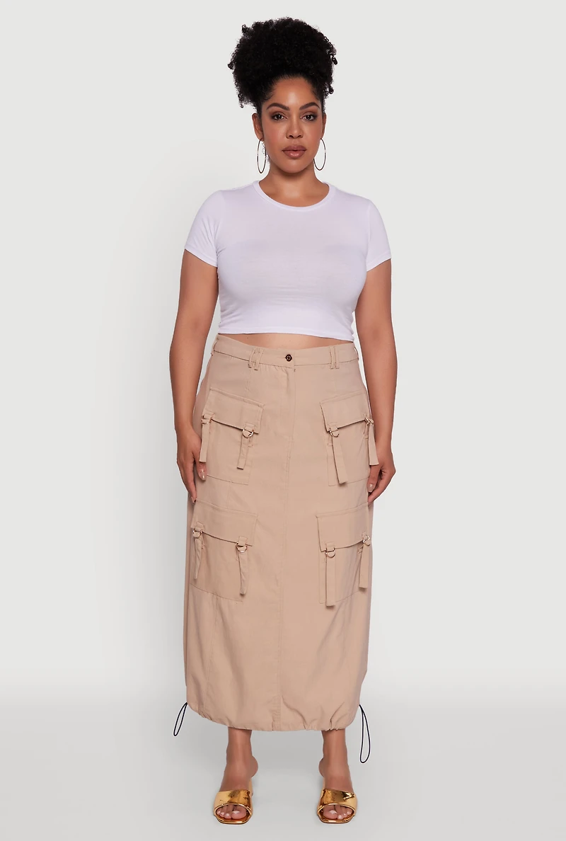 Womens Plus Size High Waisted Solid Maxi Skirt with Cargo Pockets, Khaki, Size 1X