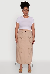 Womens Plus Size High Waisted Solid Maxi Skirt with Cargo Pockets, Khaki, Size 1X