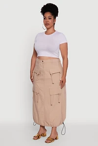 Womens Plus Size High Waisted Solid Maxi Skirt with Cargo Pockets, Khaki, Size 1X