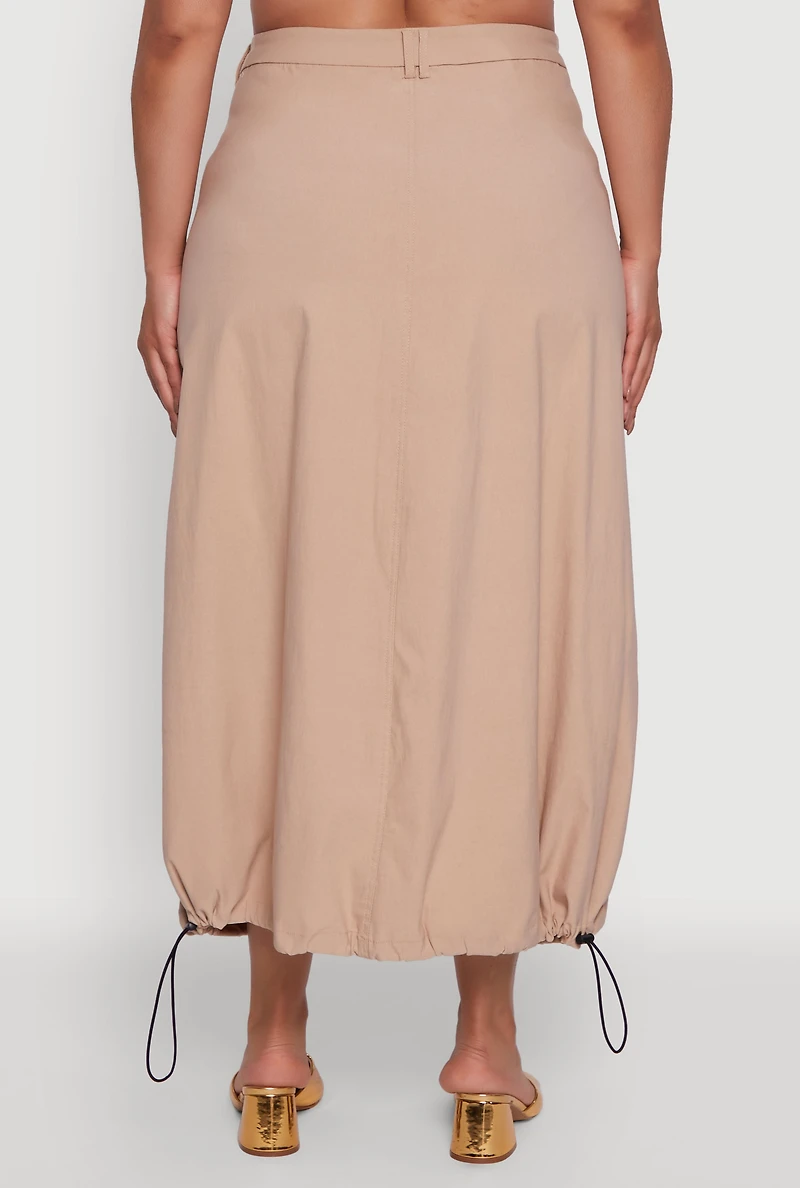 Womens Plus Size High Waisted Solid Maxi Skirt with Cargo Pockets, Khaki, Size 1X