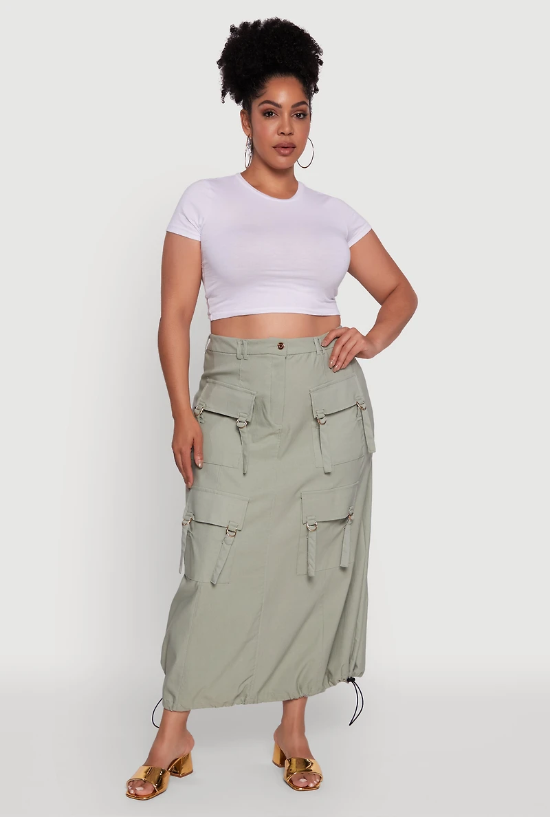 Womens Plus High Waisted Solid Maxi Skirt with Cargo Pockets,