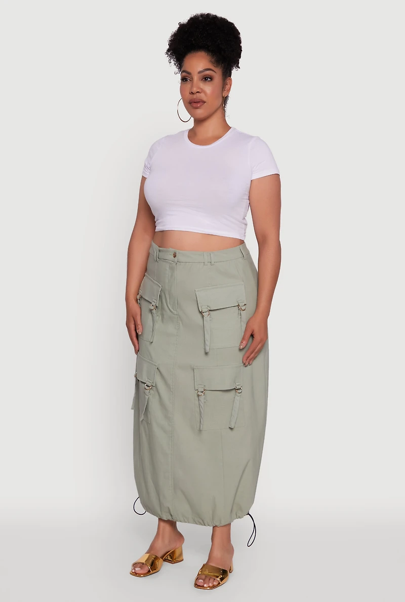 Womens Plus High Waisted Solid Maxi Skirt with Cargo Pockets, Green,