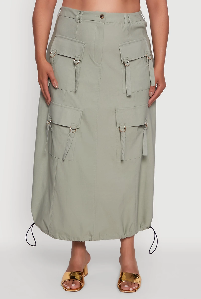 Womens Plus High Waisted Solid Maxi Skirt with Cargo Pockets, Green,