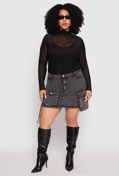 Womens Plus Daisy Acid Wash Denim Cargo Skirt,