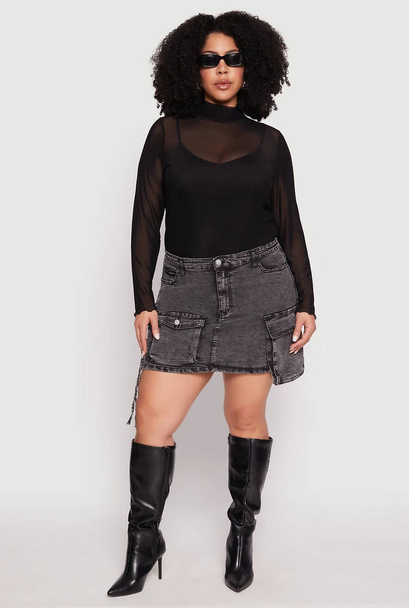 Womens Plus Daisy Acid Wash Denim Cargo Skirt,