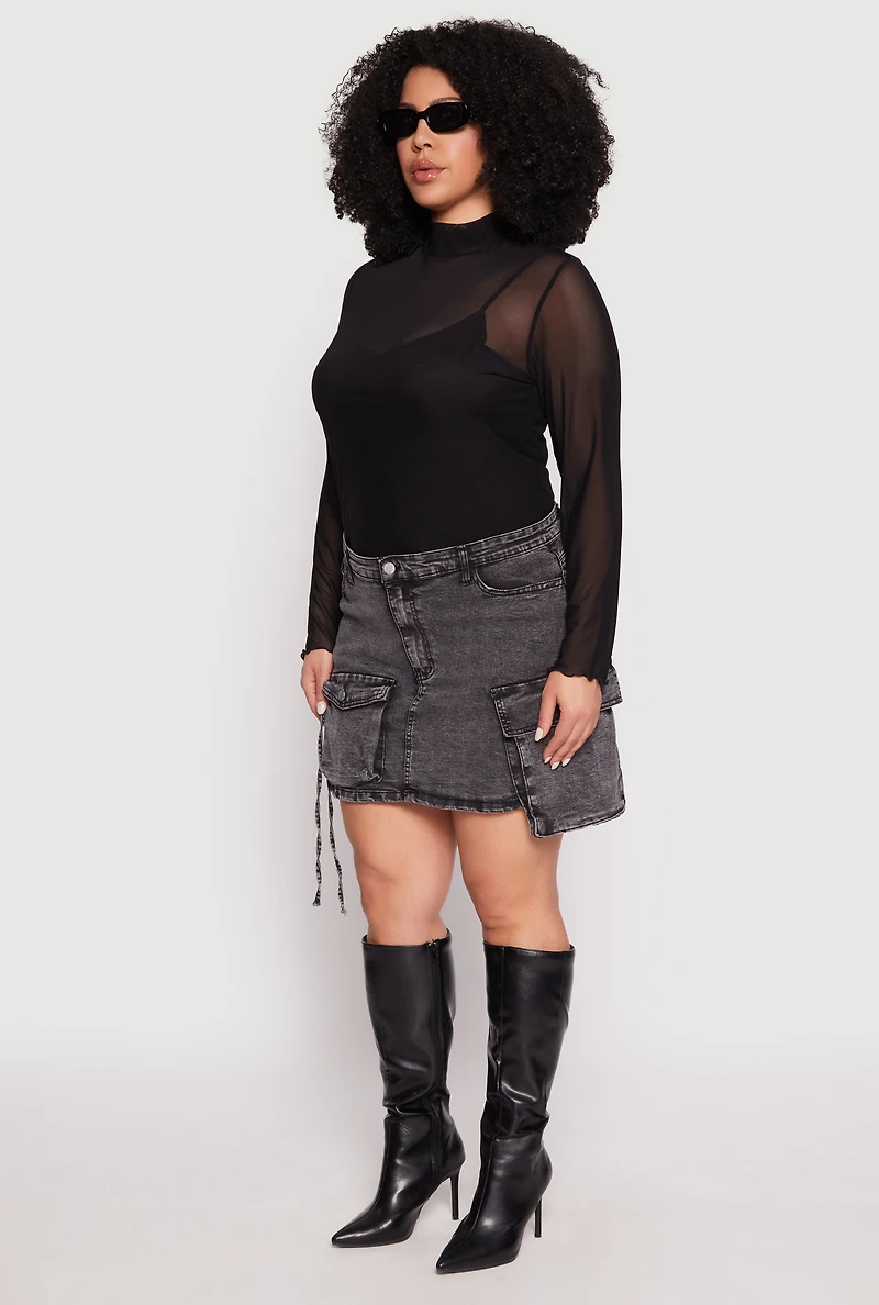 Womens Plus Daisy Acid Wash Denim Cargo Skirt,
