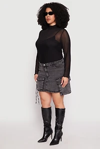 Womens Plus Daisy Acid Wash Denim Cargo Skirt,