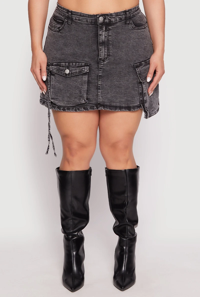 Womens Plus Daisy Acid Wash Denim Cargo Skirt,