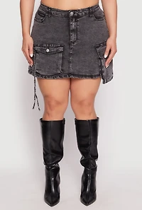 Womens Plus Daisy Acid Wash Denim Cargo Skirt,