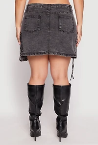 Womens Plus Daisy Acid Wash Denim Cargo Skirt,